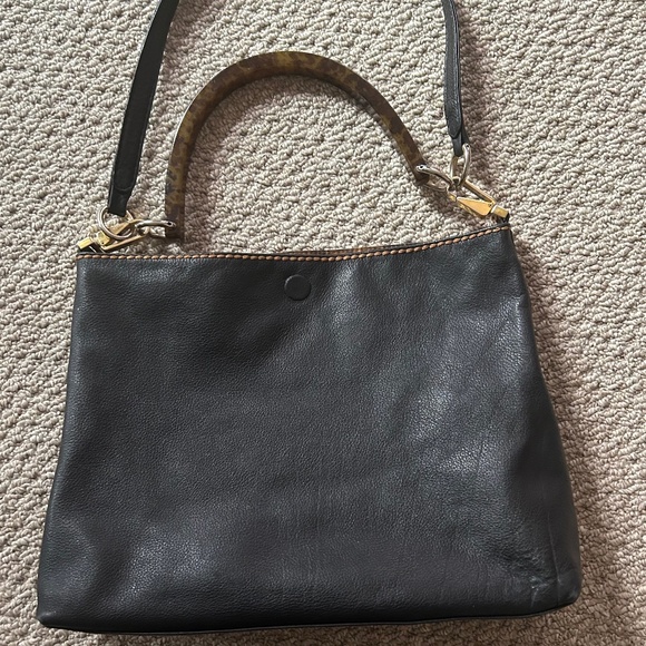 Plinio Visona Black Leather Handbag Italy Reversible Detachable Handles - Picture 2 of 4